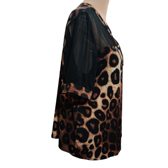 Adele & May Womens Blouse Leopard Print Sheer Black Pleated Short Sleeve Sz XL - Picture 3 of 5